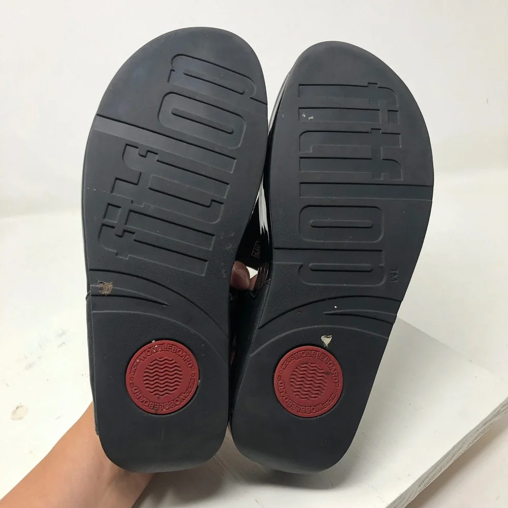 FitFlop Sandals 8 Black Tan Leather Enamel Stone Microwobbleboard Summer Casual